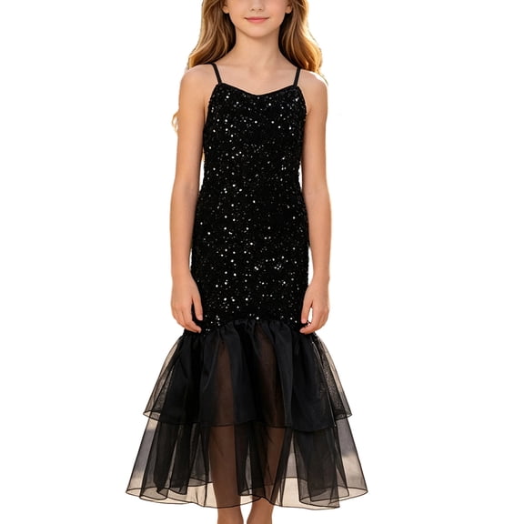 OGLCCG Girls Sleeveless Sequin Dress Sparkly Sling Party Formal Gowns Girls Wedding Guest Dress Pageant Dress(Black,8 Years)