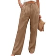 thumbnail image 2 of Women's Linen Dressy Work Casual Pants Summer Business Straight Wide Leg Cotton Linen Trouser Pants Brown 2XL, 2 of 6