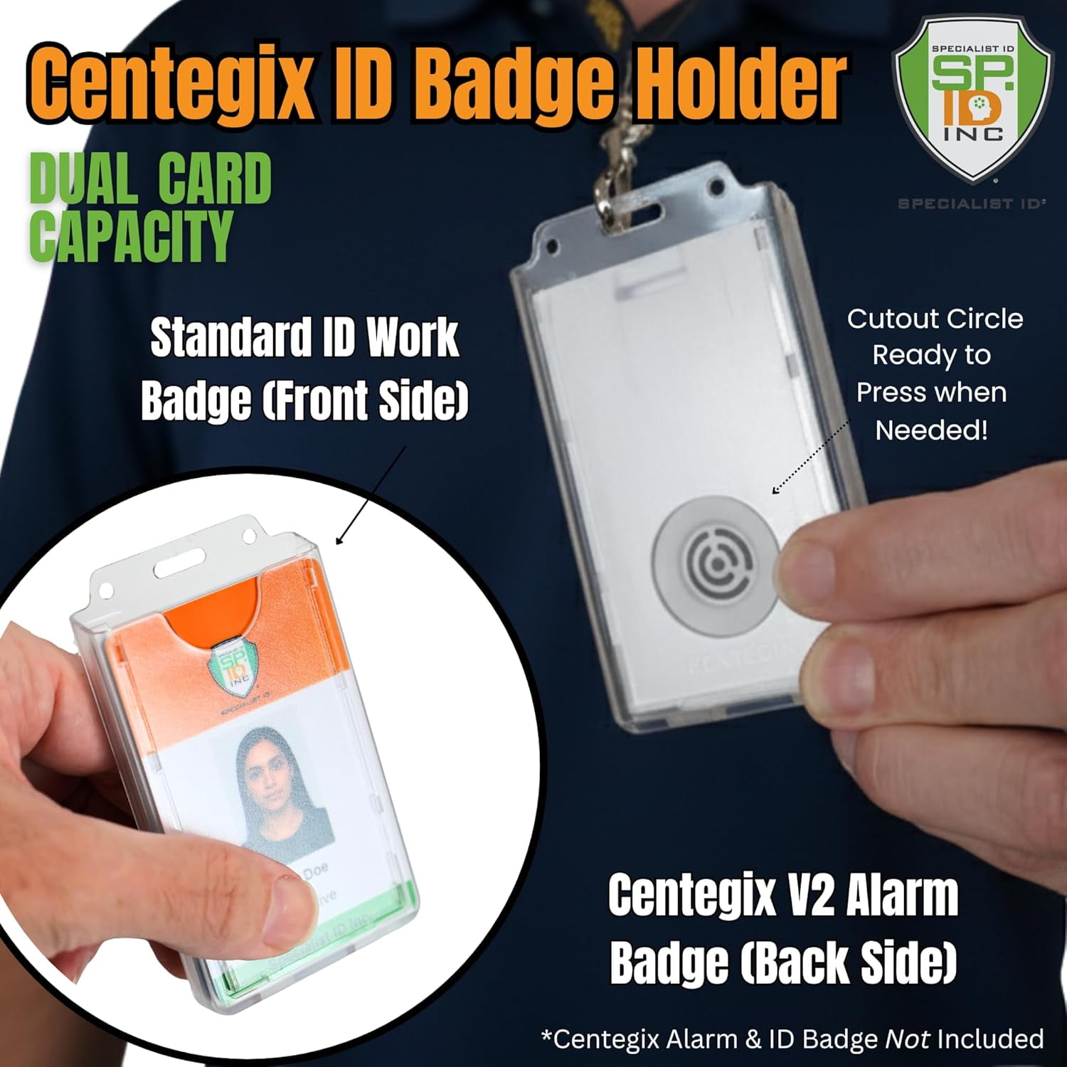 20 Pack - Centegix Badge Holder with Hole for Teachers - Holds 1 School ID & 1 Centegix V2 CrisisAlert Alarm Badge - Heavy Duty Polycarbonate Clear Vertical Display, Recessed Hole by Specialist ID