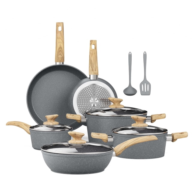 Juego de utensilios de cocina de inducción gris de 12 piezas, juego de ollas y sartenes antiadherentes de granito