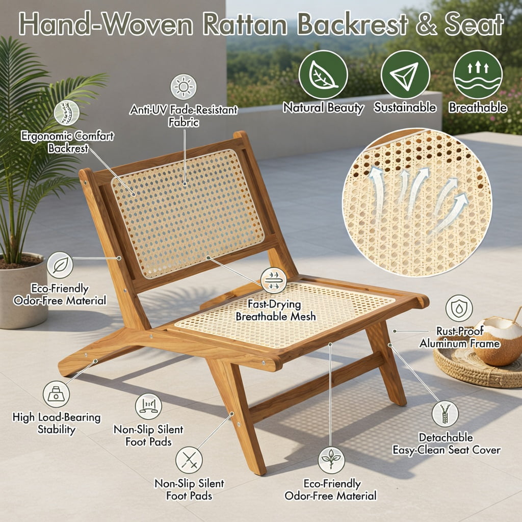 Hommoo Teak Wood Dining Chair with Handwoven Rattan Seat & Backrest, Indoor Accent Chair for Living Room, Kitchen & Bedroom, Natural