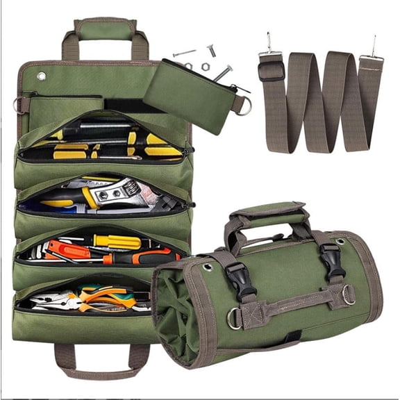 TRINKA Roll Up Tool Bag, Heavy Duty Foldable Portable Tool Storage Organizer with Pockets, Ideal Gift for Men Dad Mechanic Welder, Green