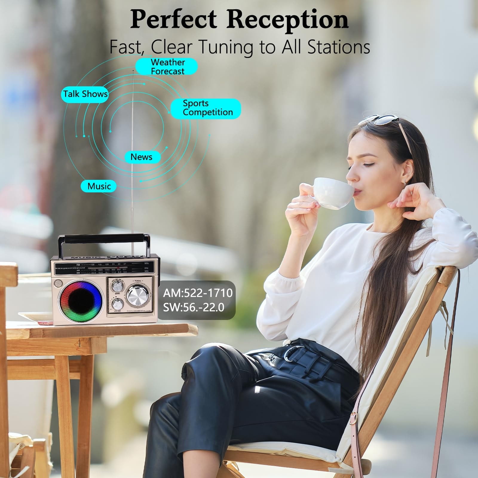 AM FM SW Radio Portable with Bluetooth Speaker, Illumination, USB TF Card Playing, Solar/USB-C Rechargeable Radios, Colorful Light, Transistor Radios Portable Emergency, Bluetooth Radio
