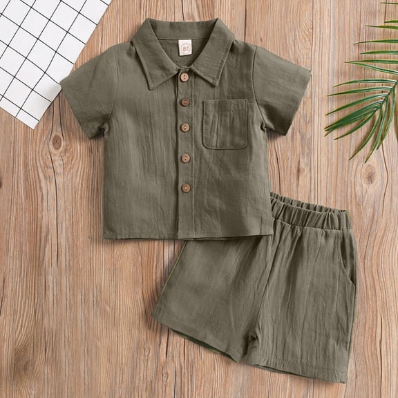 Juslio 2-Piece Kids Toddler Girls Boys 60%Cotton,40%Linen Pockets Collar T Shirts Tops+Elastic Waist with Pockets Shorts Comfortable Breathable Outfits Sets 2-3Years