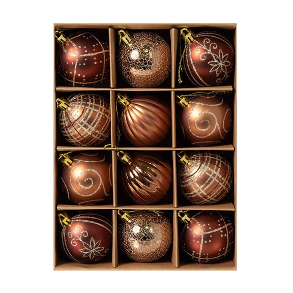 Christmas Ball Ornaments, Vintage Brown Tone Shatterproof Hanging Baubles, 12 Count in Premium Gift Box Set, for Xmas Tree Decoration Holiday Party Home Display Winter Festive Decor