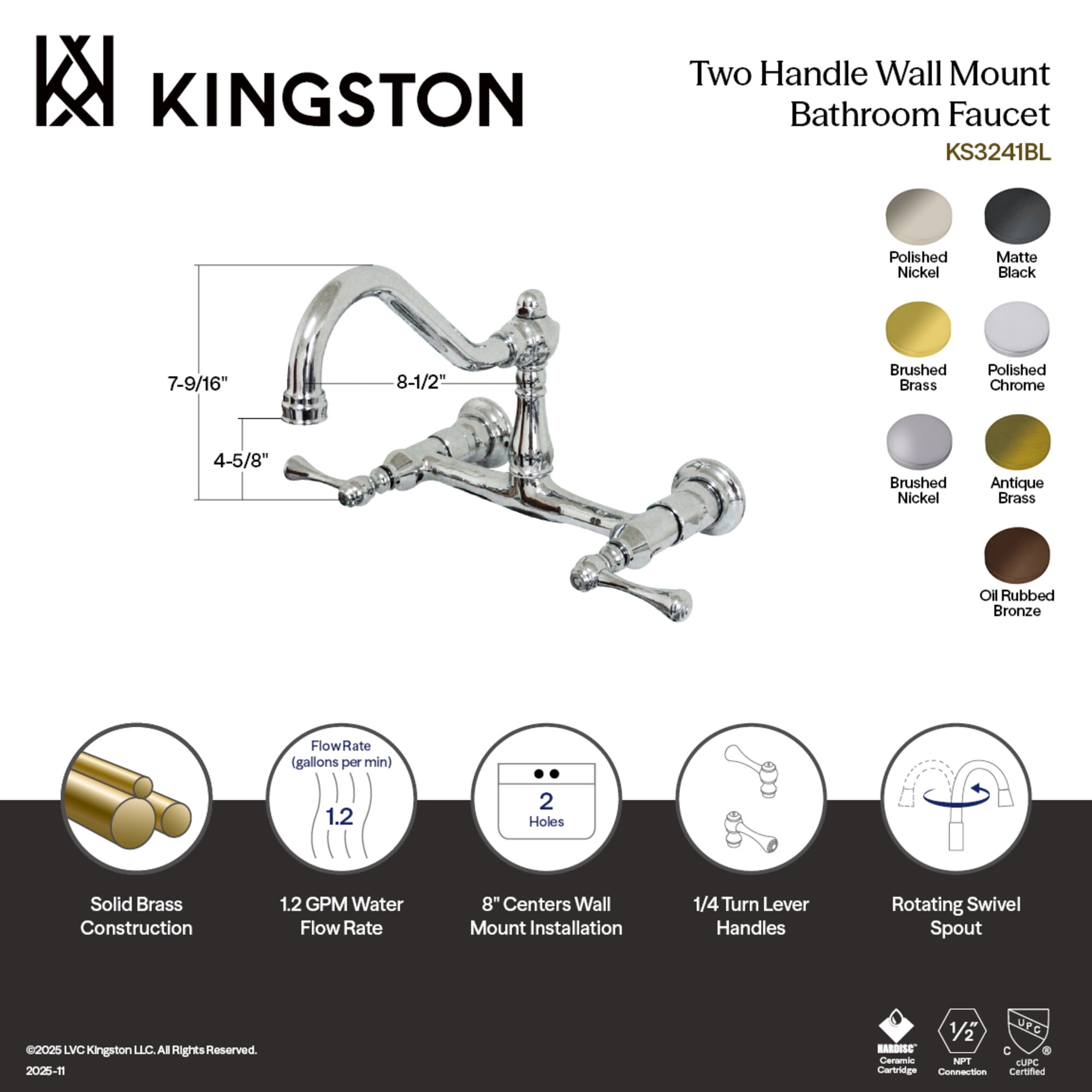 Kingston Brass KS3243BL Vintage Double-Handle Wall Mount Bathroom Faucet, Antique Brass