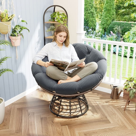 CQSXDA 360° Swivel Indoor Outdoor Rattan Chair With Brown Frame And Soft Cushion, Ergonomic Papasan For Reading Room Living Room And Bedroom Use, Grey