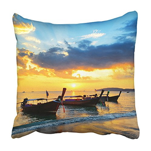 EREHome Blue Sea Traditional Thai Boats at Sunset Beach Ao Nang Krabi Province Orange Pillowcase Cushion Cover 20x20 inch