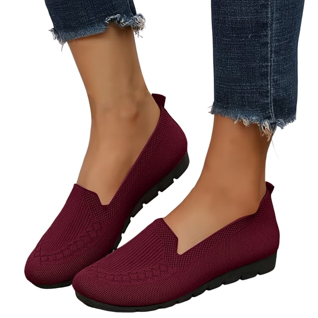 Ballerines Tricotées pour Femmes Légères Antidérapantes Mocassins à Enfiler Respirantes Chaussures de Marche Tennis Rouges Taille 7,5