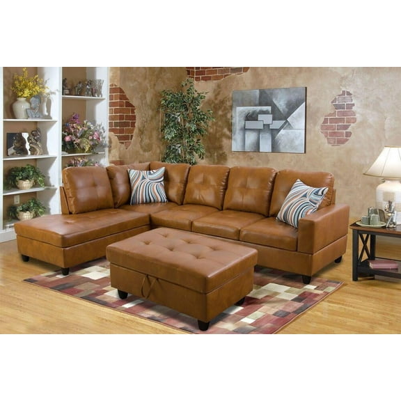 PonLiving Furniture Caramel 103.5'' Sectional Sofa with Storage Ottoman, Right & Left Hand Facing, Leather Upholstered
