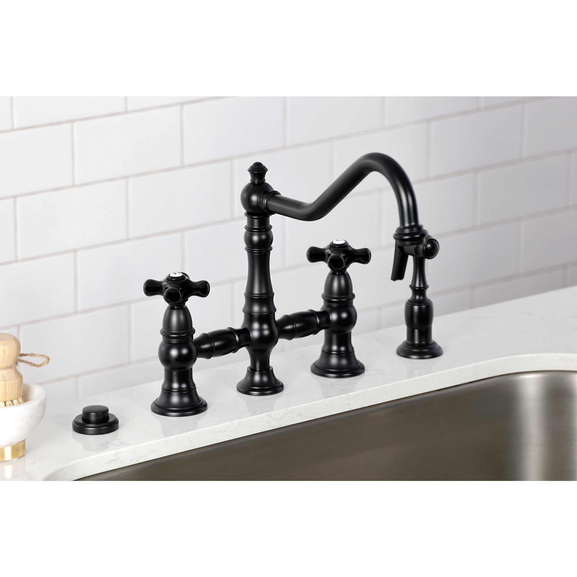Kingston Brass KS3270PKXBS Duchess Bridge Kitchen Faucet with Brass Side Sprayer, Matte Black