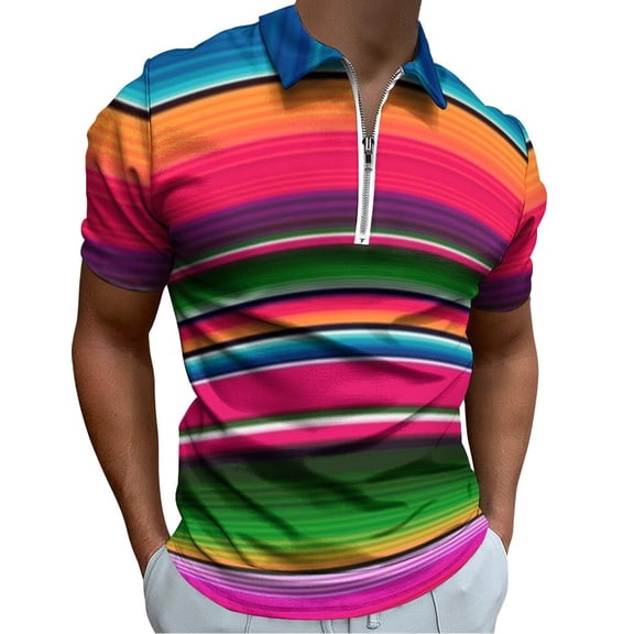 Mexican Blanket Striped Fiesta Serape Men Zipper T-shirt Summer Casual Short Sleeve T-shirt Top