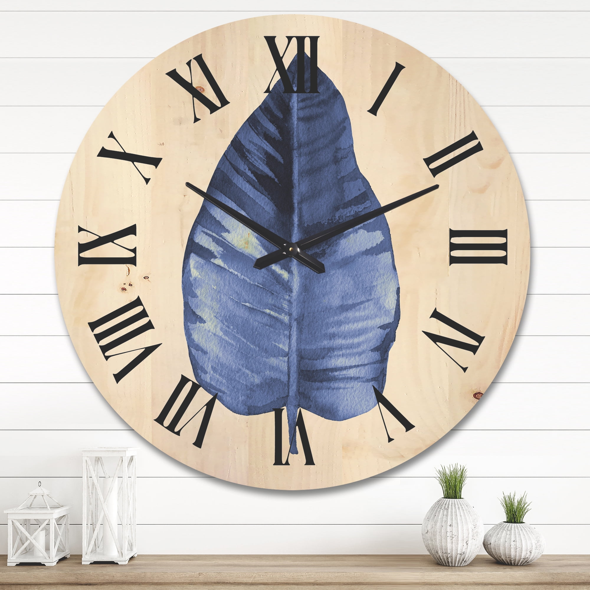 Designart 'Blue Leaf Watercolour On White Background' Traditional Wood Wall Clock