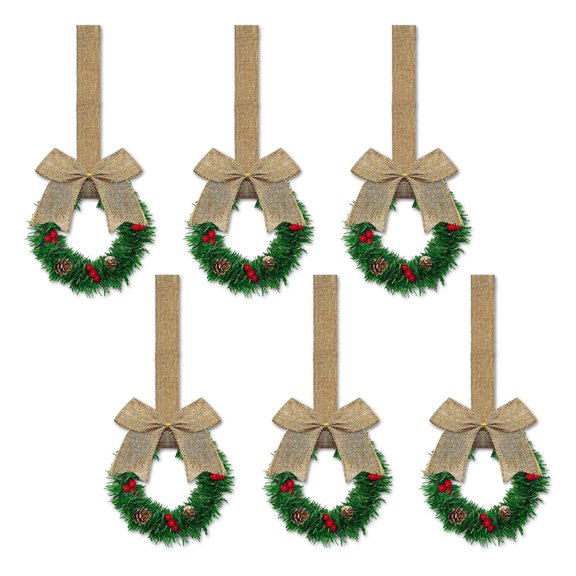 Shoreew 6 Pcs Small Christmas Wreath with Ribbon Artificial Cabinet Wreath with Red Berries Pine Cones for Home Kitchen Window Door Decor