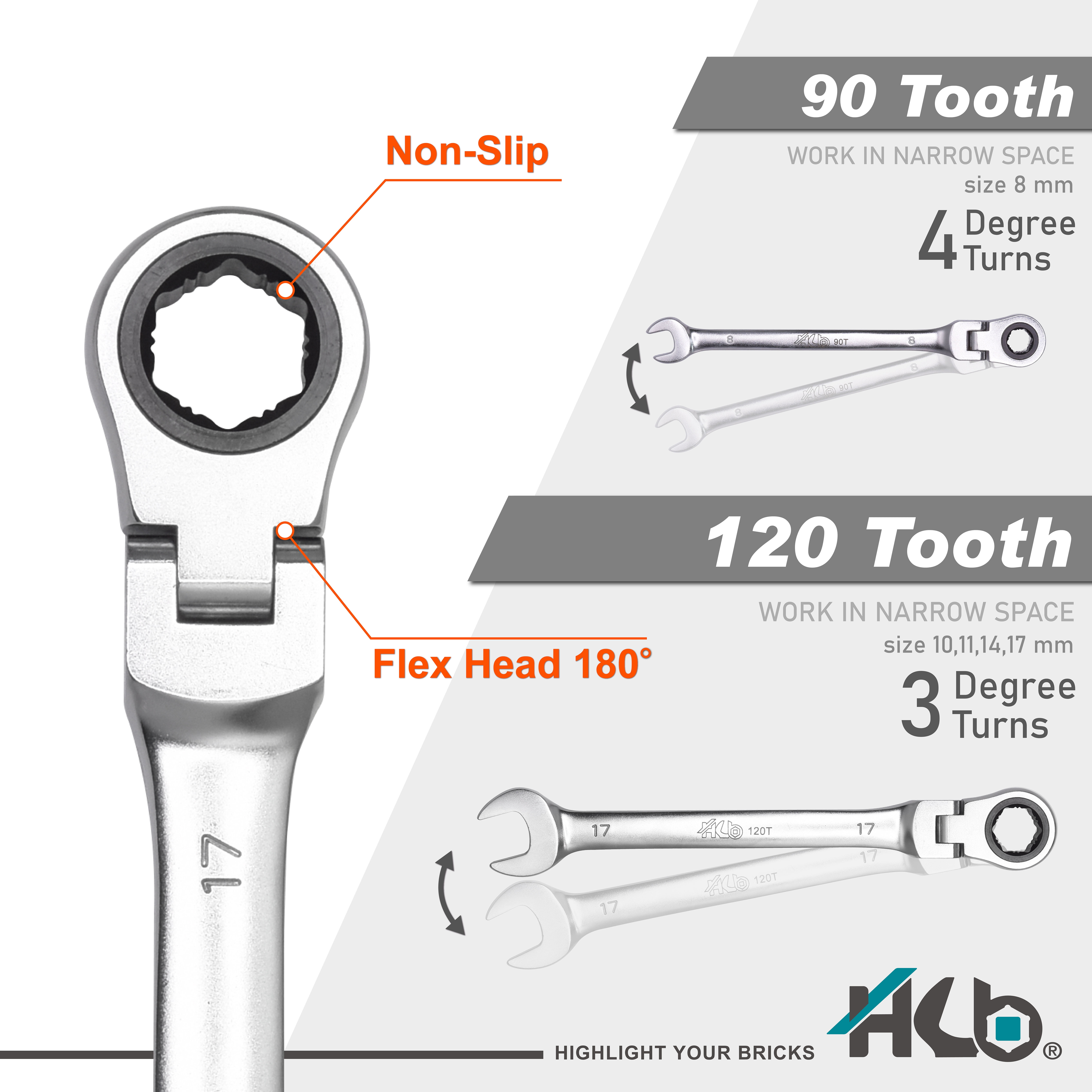 HB 5-Piece Ratchet Wrench Set WGM003-U | 90T & 120T Non-Slip Flex Head 180° Reversible Metric Wrenches 8–17mm Patented Grip Plus Rounded Bolt Remover Storage Rack Made in Taiwan
