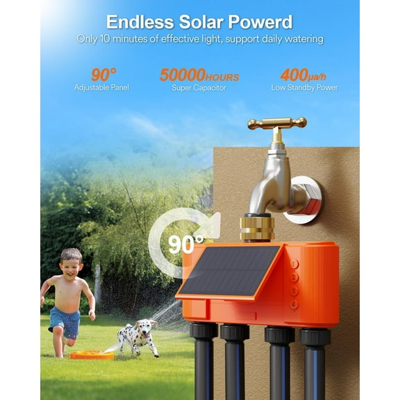 Solar WiFi Sprinkler Timer 4 Zone w/Water Flow Meter, Smart Water Timer for Garden Hose w/Adjustable 90° Panel, APP Automatic Irrigation Controller System for Lawns Yard, No Need Hub