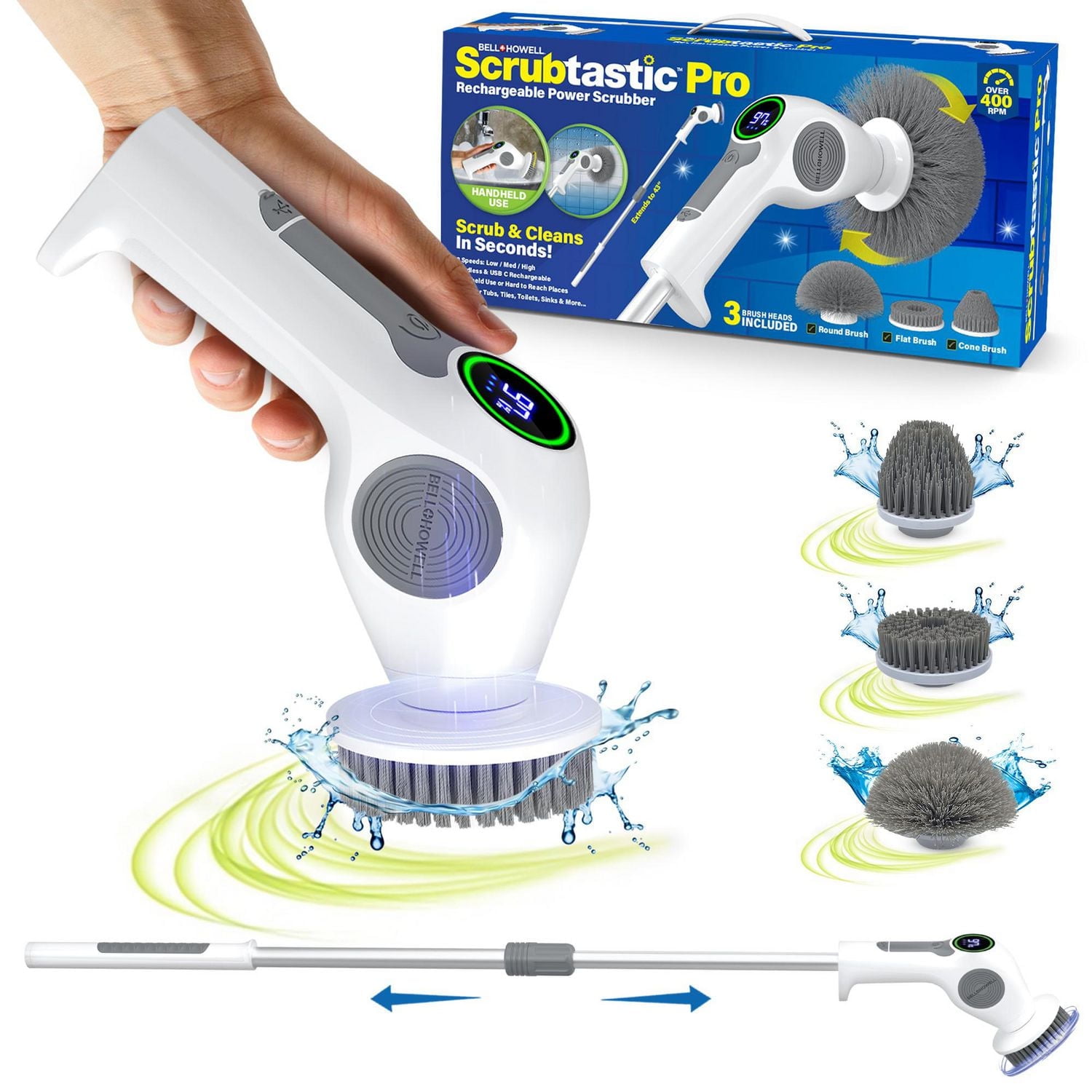 Bell + Howell Scrubtastic Pro 4 Piece Rechargeable Power Scrubber Set with 3 Speeds and Extendable Handle