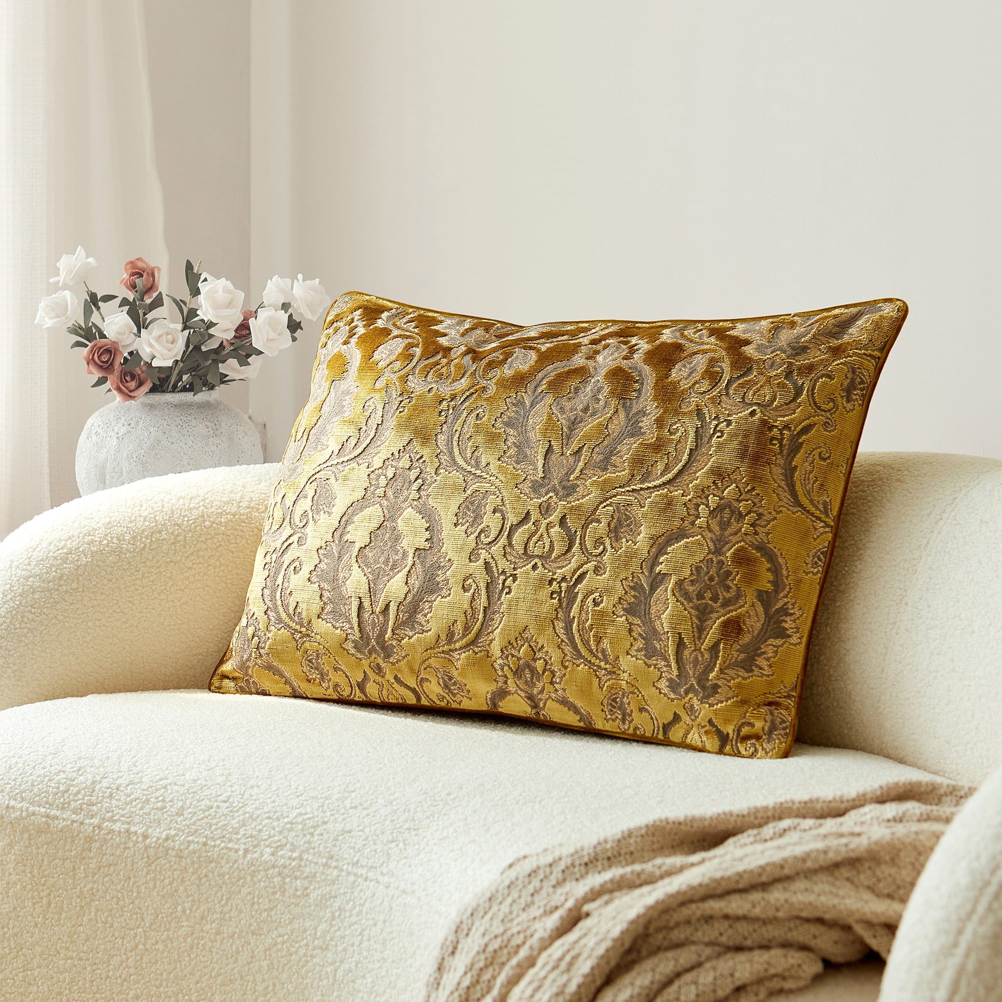 Damask Throw Pillow Covers Cases Soft Cut Velvet Design Pillow Cover Elegant Luxurious Gold Large Decorative Cushion Covers