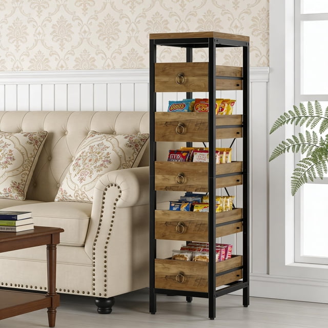 Gaderth 5 Tier Kitchen Storage Rack with Pull Out Drawers, Wooden Pantry Organizer Shelf with Metal Frame, Space Saving Storage Cabinet for Fruit, Vegetables, Snacks, Microwave, Living Room