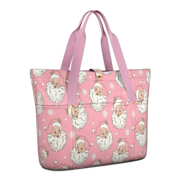 Tote Bag for Women - Pink Christmas Santa Pattern Shoulder Bag - Large Utility Work Duffle Bag with Zipper Handbag for Travel, Work, Sprots