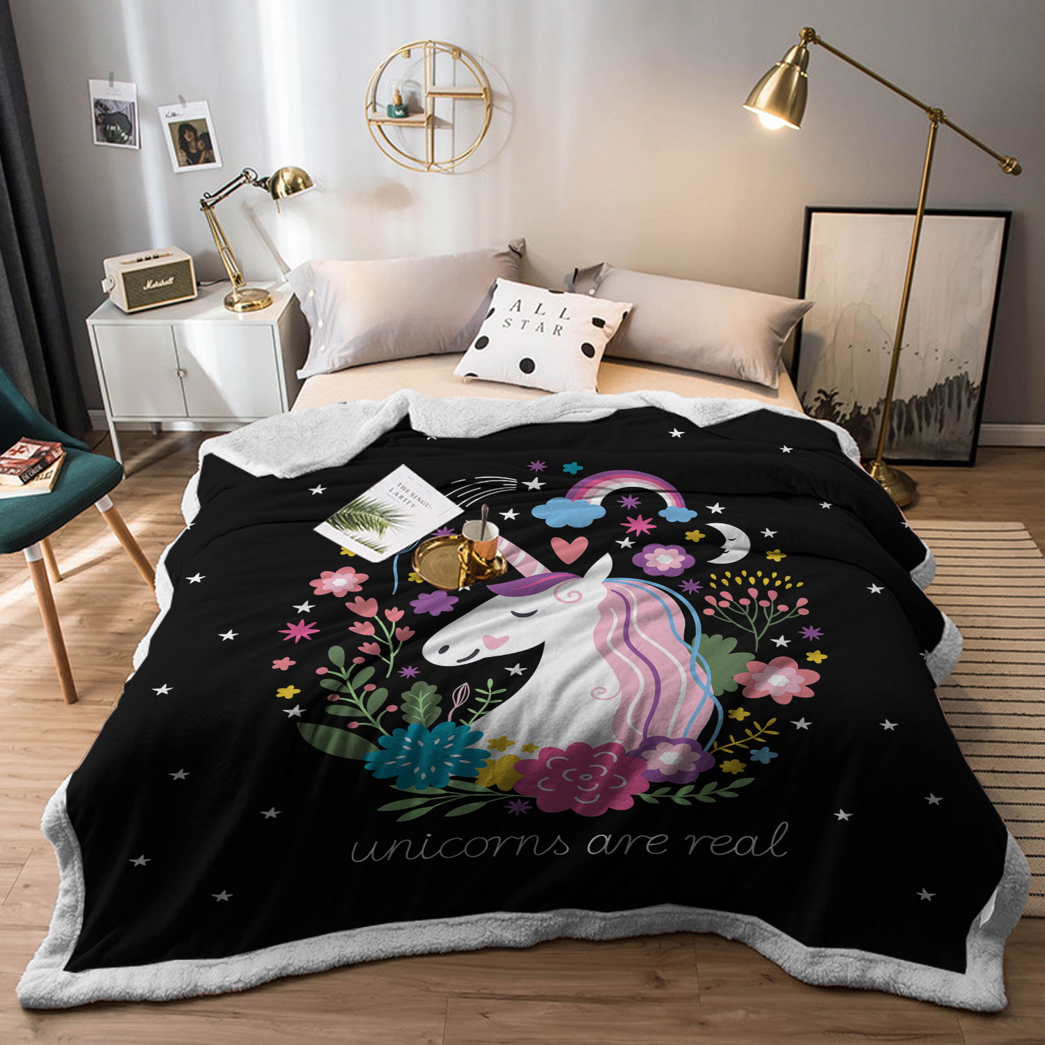 Elegant Blanket for Sofa Chair and Bed Unicorn Cat Stars Rainbow Cute Throw Blanket 