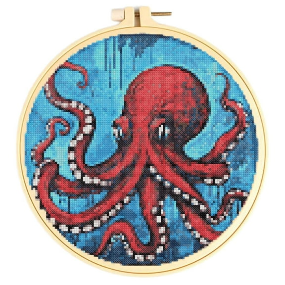Easy Cross Stitch Kits for Starter Kits Red Octopus DIY 11CT Pre-printed Patterns Embroidery Needlepoint Cross Stitching Needlework Kit Set Supplies with Hoop 38x38cm