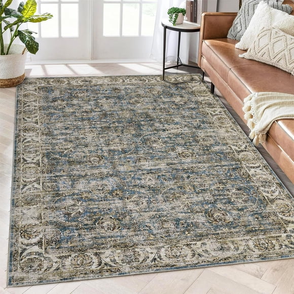 Washable Vintage Area Rug – Boho Distressed Low Pile Carpet, Soft, Mark Resistant, Non-Slip, Non-Shedding – Ideal for Living Room,Nursery, Office, Dining Room–Navy Blue, 9x12ft (274x366cm)