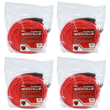4 Rockville RCXFM100P-R Red 100' Female to Male REAN XLR Mic Cable 100% Copper