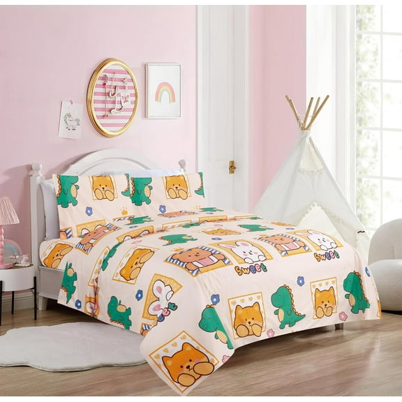 Hight Thread Count Super Soft Microfiber Kid Breathable Bed Sheet Set with PIllowcase, Flat and Fitted sheet (Dinosaurs, Rabbit & Teddy Bear)