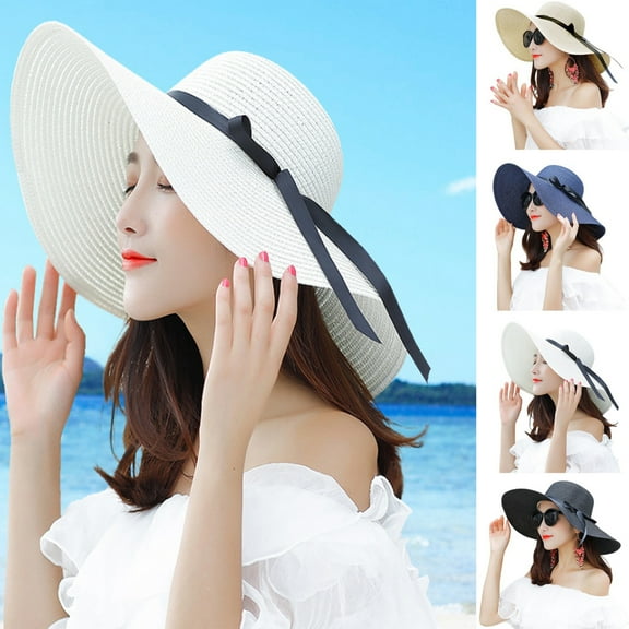 Meidiya Womens Sun Straw Hat Wide Brim Summer Hat Fashion Woven Straw Hat with Black Ribbon Decor Foldable Roll up Floppy Beach Hats for Women