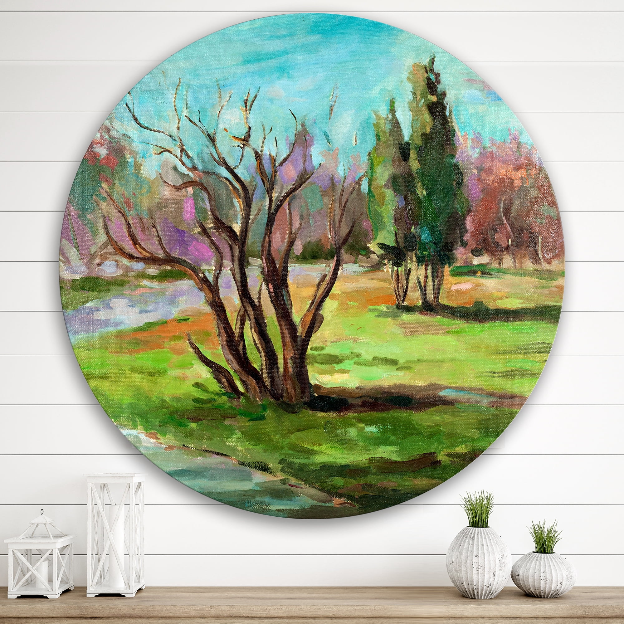 Designart 'Two Distant Trees In A Vibrant Green Landscape' Traditional Circle Metal Wall Art 29x29 - Disc of 29