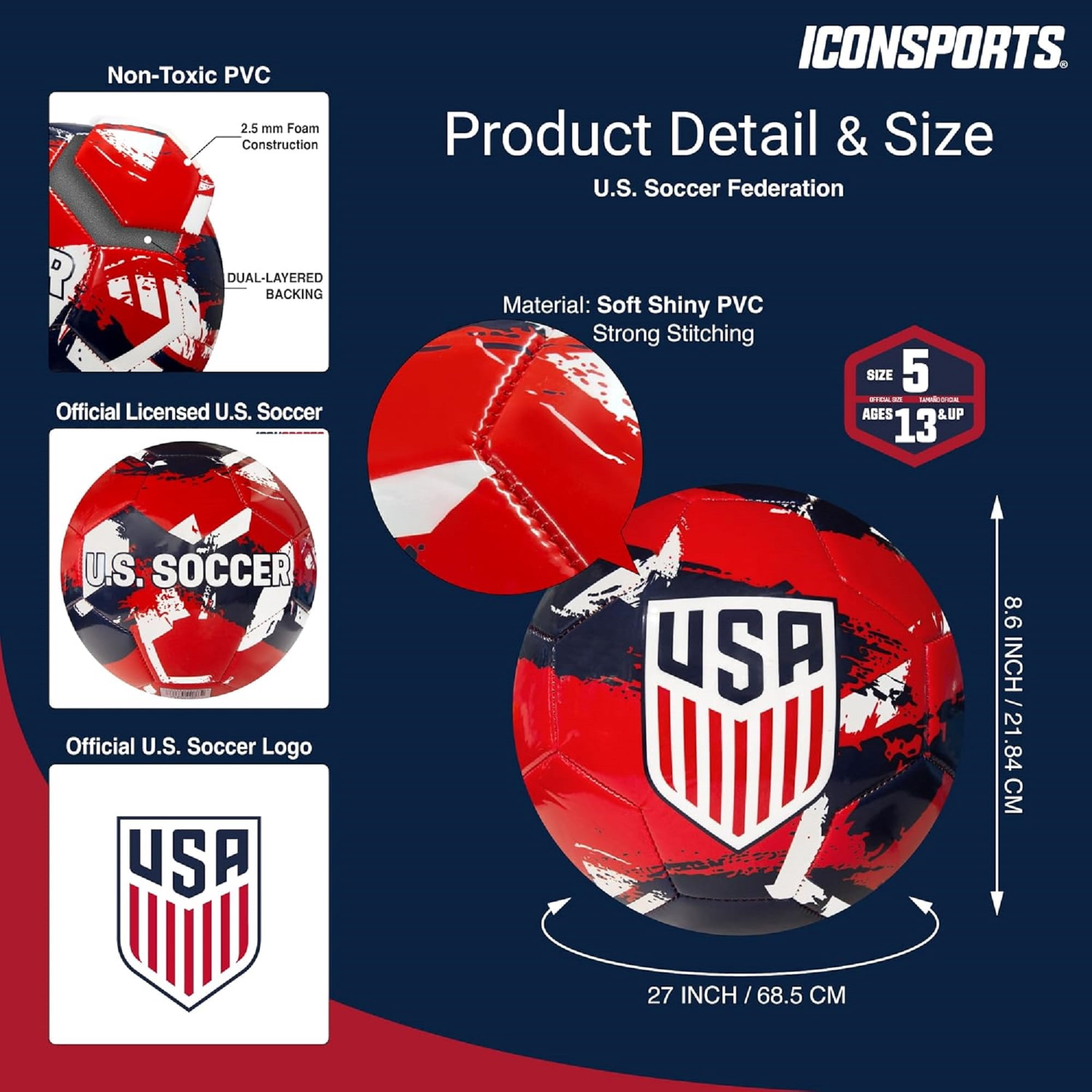 Icon Sports U.S. Soccer USMNT Size 5 Soccer Ball - Brush Design [Red Navy White]