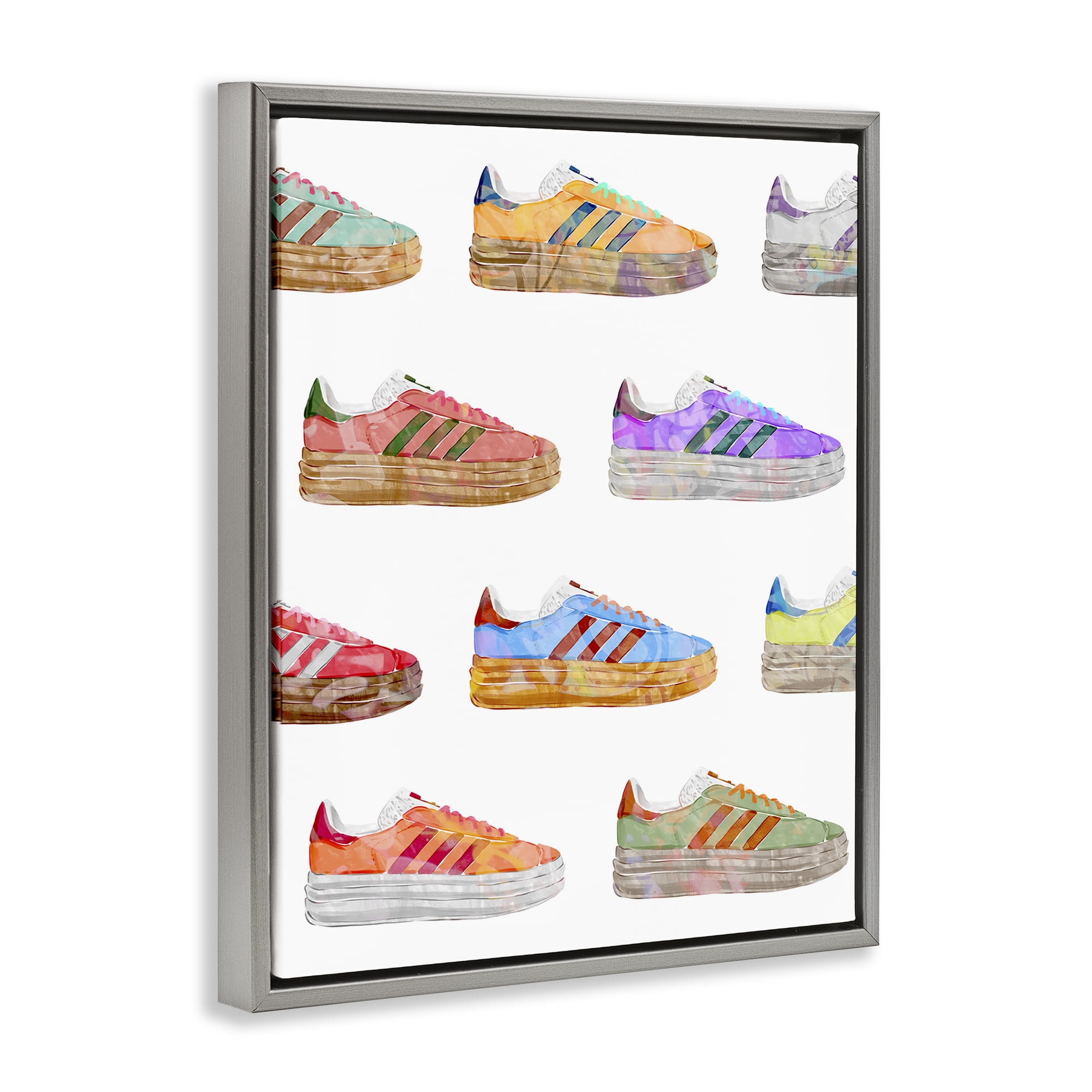 Stupell Industries Various Striped Sneakers Beauty & Fashion Painting Gray Floater Framed Art Print Wall Art, 25 x 31