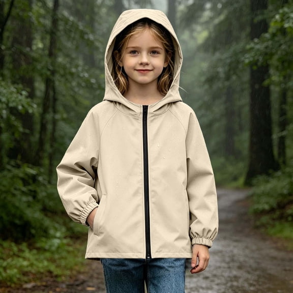 Lastesso Girls Rain Jacket Lightweight Hooded Zipper Jacket Windbreaker Fall Water-Resistant Outerwear with Pockets Beige Size 5