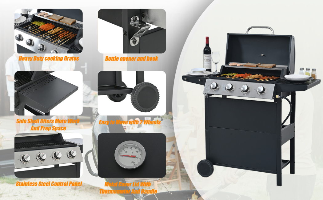 Outdoor Gas Grill, Heavy Duty BBQ Grill with Side Shelf & Bottle Opener, Portable Small Propane Grill on Wheels for Patio, Backyard, Tailgating, Camping, Black
