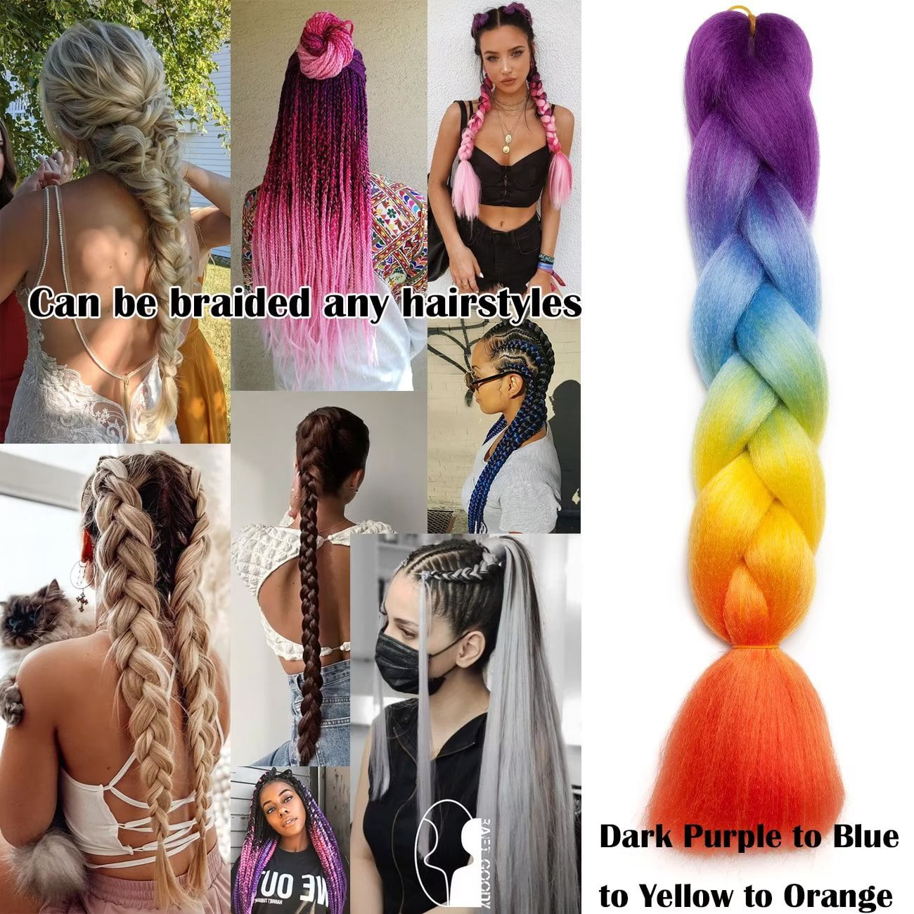 Benehair 3Packs Jumbo Braiding Hair Extensions Real Afro Box Braids Crochet  Twist Braid Ponytail 24 Dark Purple to Blue to Yellow to Orange 