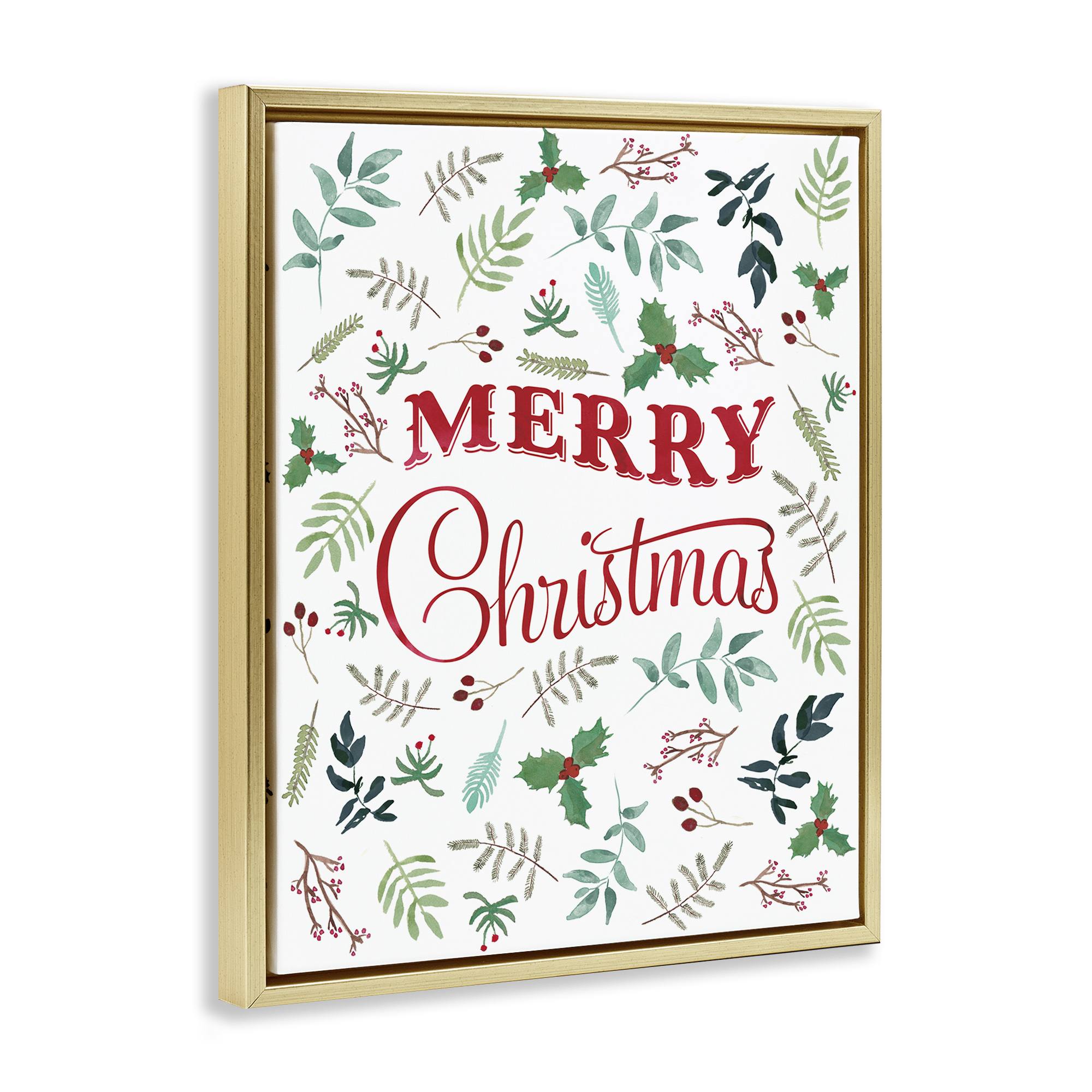 Stupell Industries Christmas Botanicals Pattern Holiday Painting Gold Floater Framed Canvas Art Prints Wall Art, 25 x 31