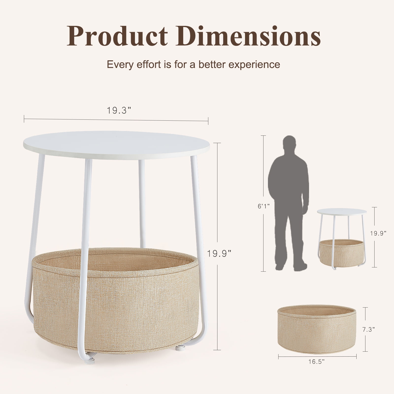 GIANNA Modern Small Round Side End Table with Fabric Basket: Versatile Bedside Table for Living Room and Bedroom