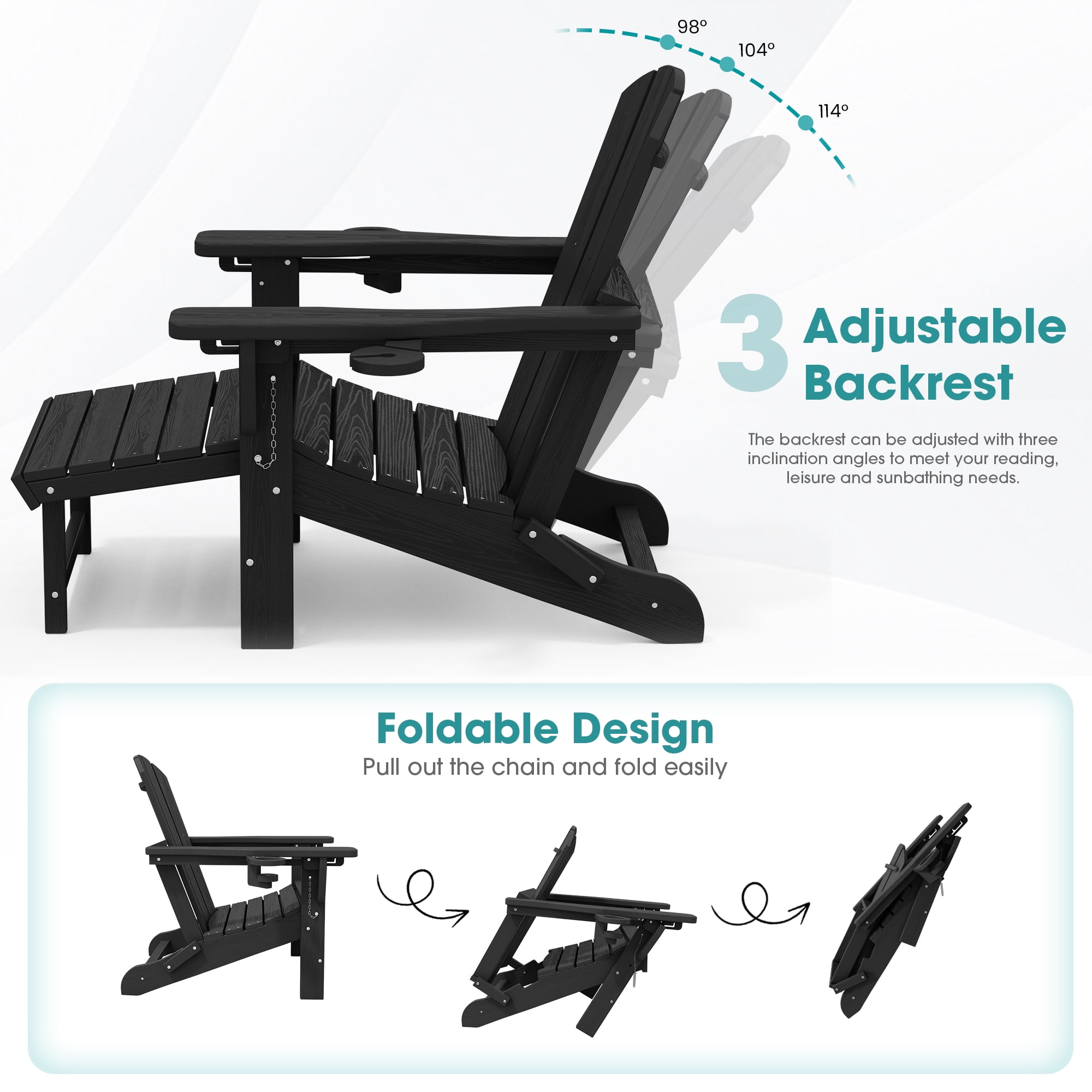 KINGYES Folding Adjustable Adirondack Chair with Retractable Ottoman & 2 Cup Holders for Patio Garden, Black