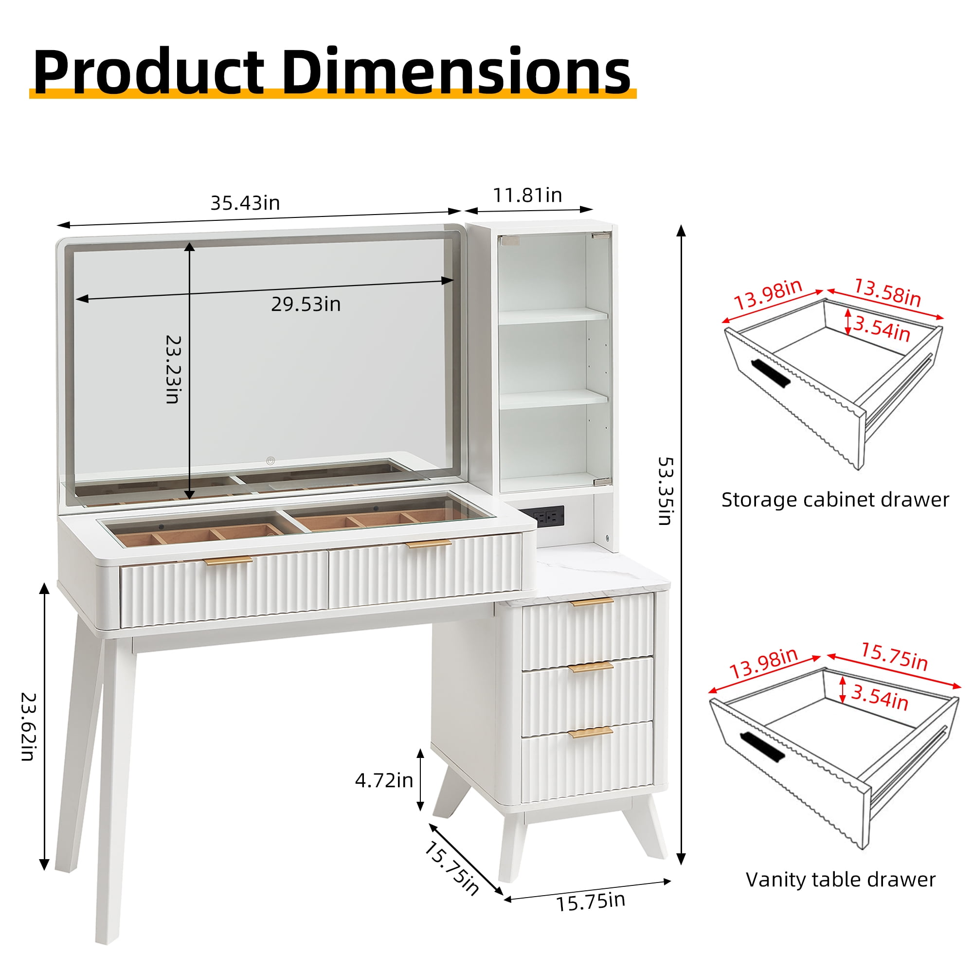 KeyWhat 48" Fluted Vanity Desk with 36" Mirror and Lights, Modern Makeup Table with 5 Drawers, Charging Station, Adjustable Shelves - White