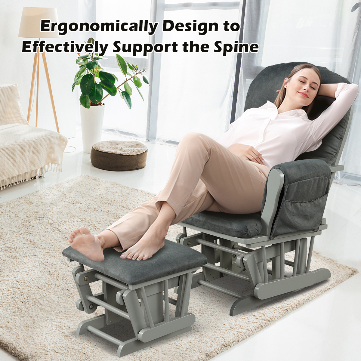 Infans Glider and Ottoman Cushion Set Wood Baby Nursery Rocking Chair Dark Grey
