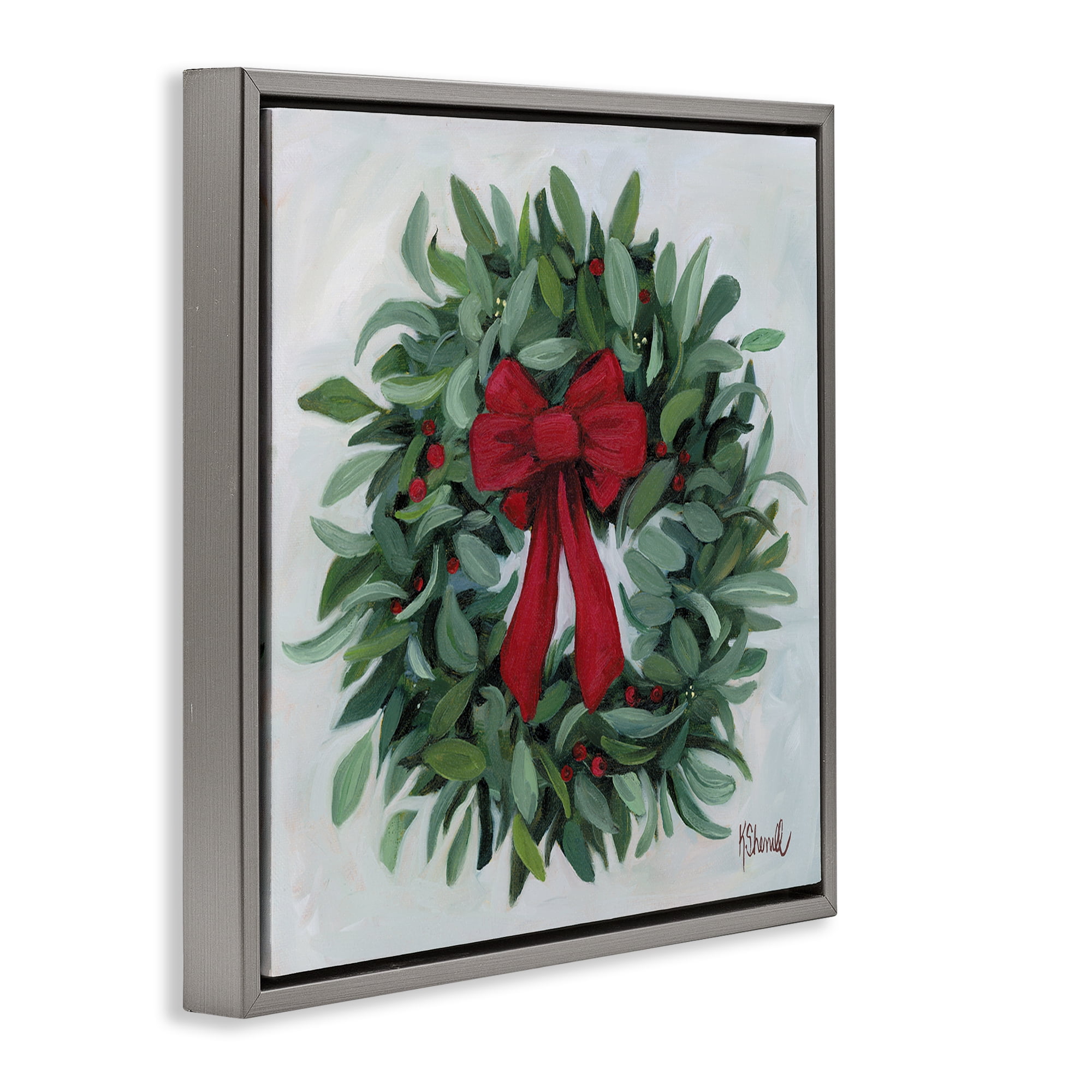 Stupell Industries Wreath with Red Bow Holiday Painting Gray Floater Framed Canvas Art Prints Wall Art, 18 x 18