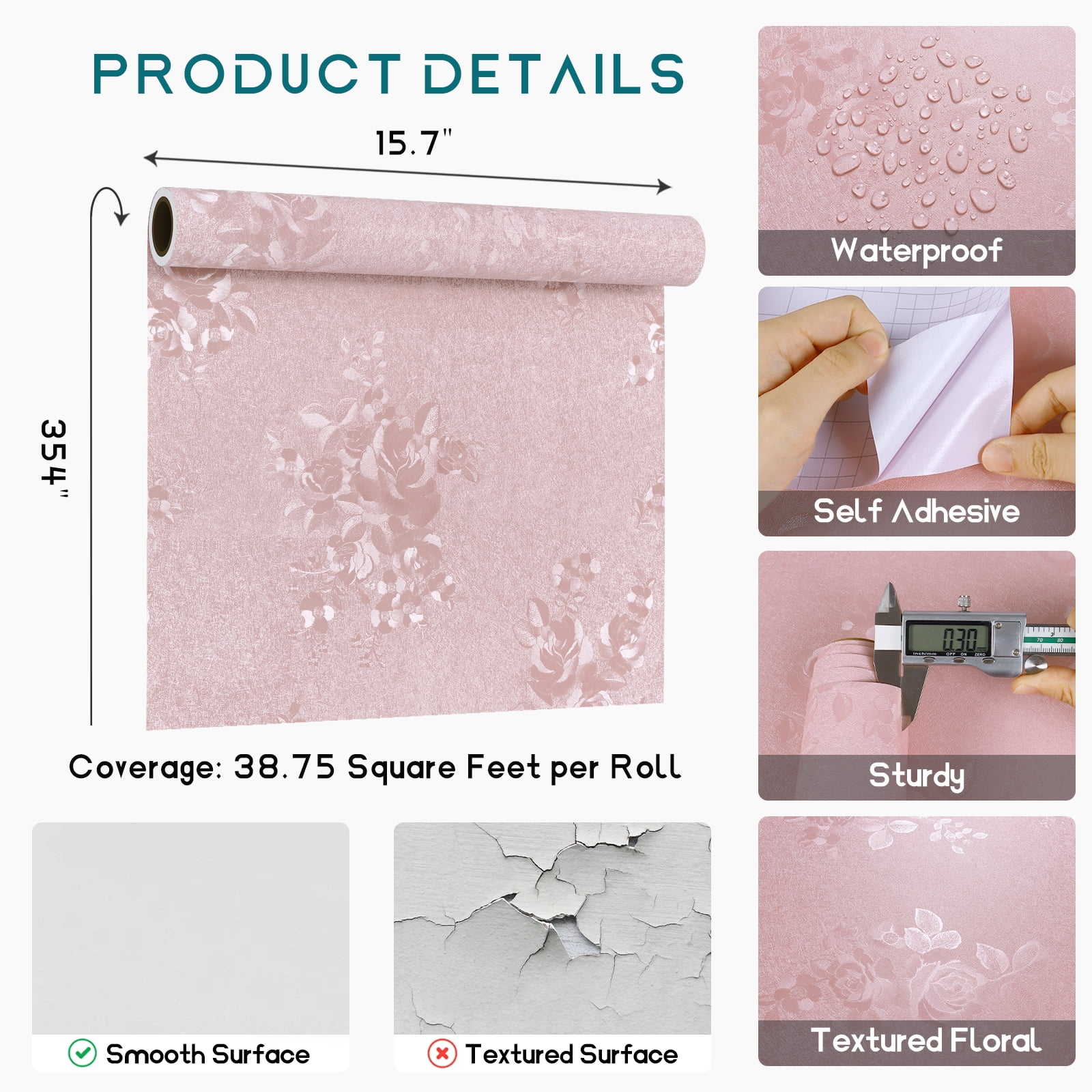 VEELIKE Light Pink Wallpaper Peel and Stick Wallpaper for Bedroom 15.7"x354" Self Adhesive Pink Floral Wallpaper for Cabinets Drawers Pink Contact Paper Removable Textured Vinyl Wallpaper for Walls