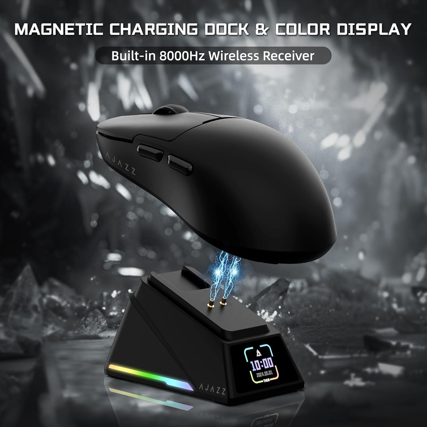 ATTACK SHARK x AJAZZ AJ159 APEX PAW3950 Triple Mode Gaming Mouse 8K with Magnetic Charging Dock with Color Display Bluetooth/2.4G Wireless/Wired-Black