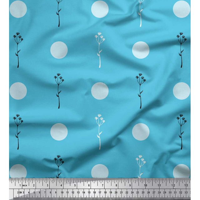 Soimoi Blue Poly Georgette Fabric Polka Dot & Leaves Decor Fabric Printed BTY 52 Inch Wide