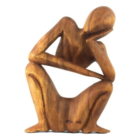 G6 Collection 12" Wooden Handmade Abstract Sculpture Statue Handcrafted "Squatting Man Thinking" Gift Art Decorative Home Decor Figurine Artwork Accent Decoration Hand Carved