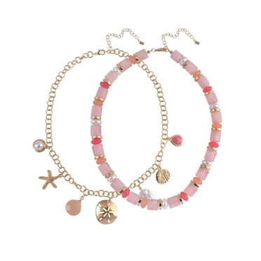 Time and Tru Adult Female Gold-Tone Metal Sea Motif Charms and Acrylic Bead 2 Row Necklace