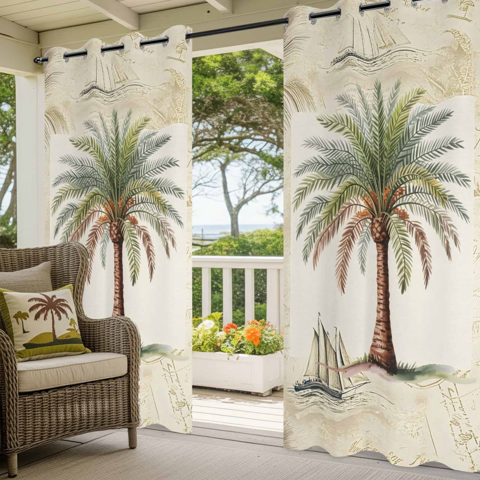 Tropical Palm Tree Outdoor Curtains for Patio, Vintage Summer Coastal Palm Tree Sunshade Privacy Drapes Grommet Waterproof Outside Curtains for Porch/Cabana/Balcony 54"x 108", 1 Panel