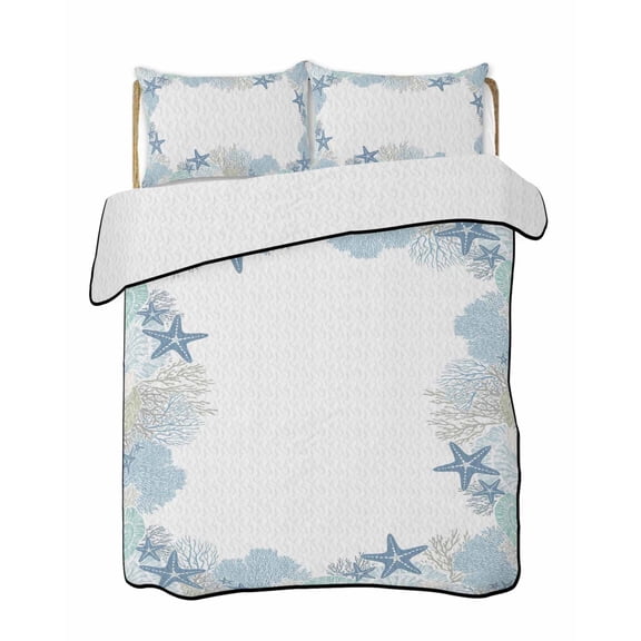 Quilts Twin Size Bedding Set, Coastal Nautical Lightweight Quilted Comforter, Ocean Beach Coral Conch Seashells Soft Reversible Bedspread Coverlet with Pillow Covers for All Season, 68" x 86"