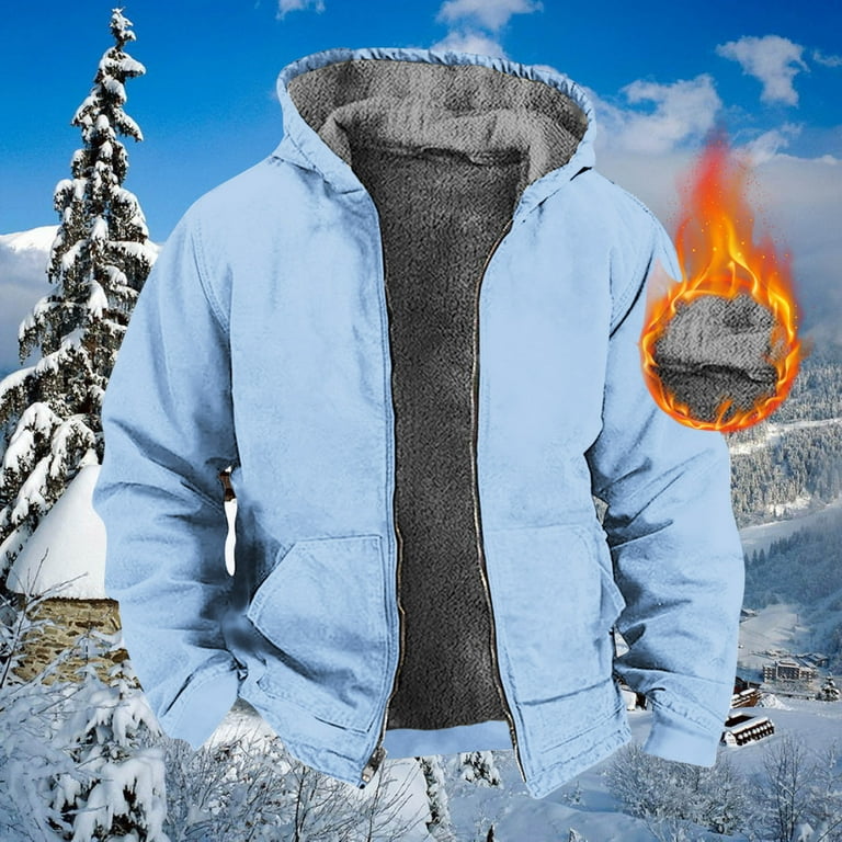VSSSJ Fleece Jackets for Men Plus Size Solid Color Zip Up Long Sleeve Hooded Coats with Pocket Trendy Winter Windproof Thermal Coat Sky Blue XXL